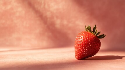 Obraz premium Single ripe strawberry on a soft pink surface with subtle shadows.
