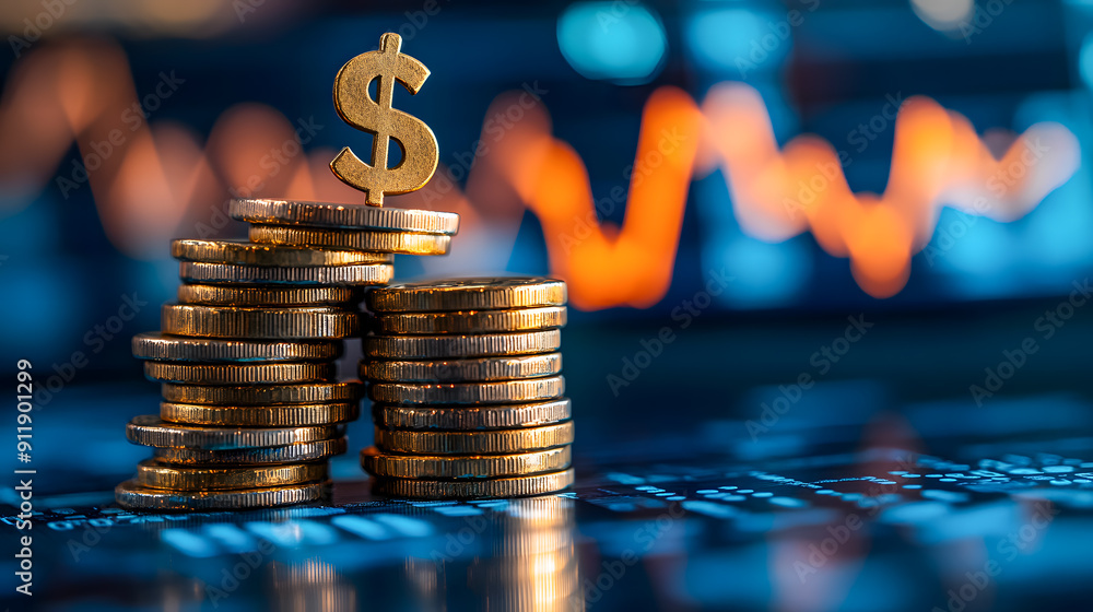 Poster stacks of golden coins on top of a financial chart or graph representing the growth and success of a