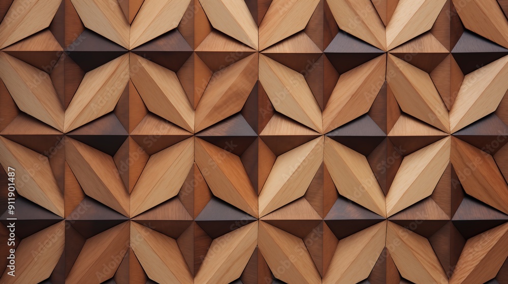 Aufkleber geometric wooden wall panel featuring a three-dimensional pattern of interlocking shapes in various 