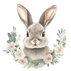 Fototapeta premium Sweet Baby Rabbit with Boho Floral Wreath - Pastel Illustration on White Background