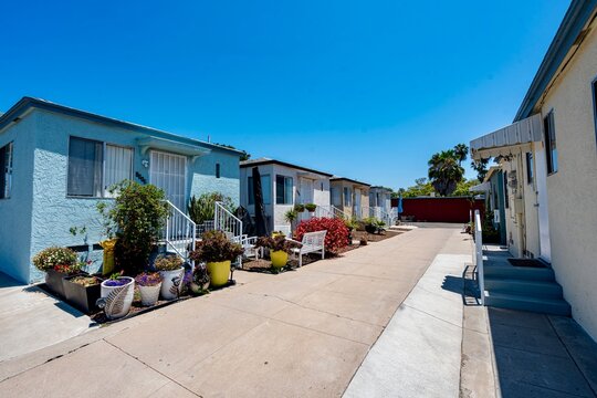 A row of small colorful homes in San Diego, CA