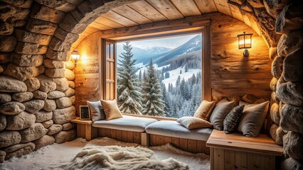 Cozy cave-like room with a rustic, natural aesthetic, overlooking a snowy view outside the window, cozy, cave-like, rustic, natural