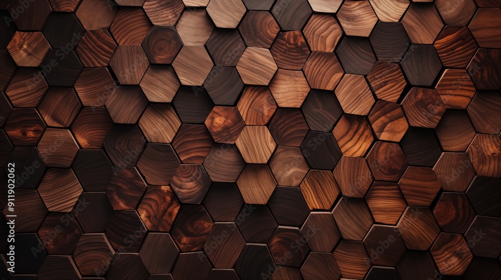 Poster hexagonal wooden tile pattern, showcasing various shades of brown and wood grain textures. the tiles