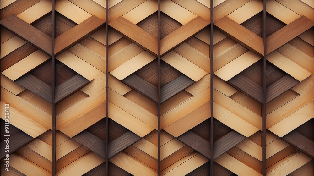 Poster intricate wooden pattern featuring interwoven strips in various shades of brown, creating a geometri
