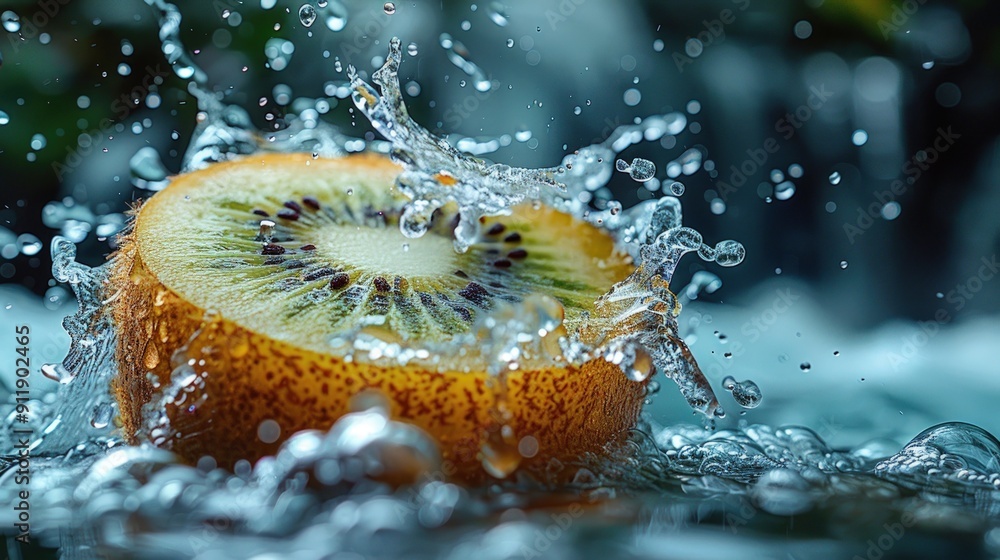 Poster a close-up of a kiwi fruit being splashed with water, creating a beautiful and refreshing image.