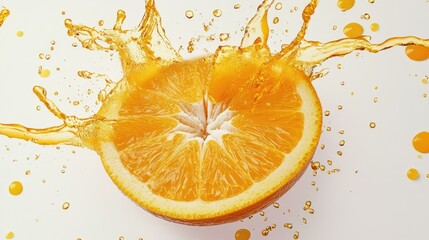 A fresh orange slice with juice splashing around it, captured in a dynamic and vibrant 3D illustration on a white background.