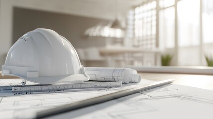 White helmet on blueprints and architectural drawings with ruler, blurred background, professional architecture work scene, tools like laptop, pencil, drawing tablet