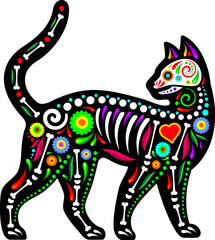 Mexican cat animal tattoo with skull and skeleton bones in floral ornament, vector silhouette. Mexican culture and ethnic art tattoo of wild cat animal skeleton with heart and flowers decor pattern