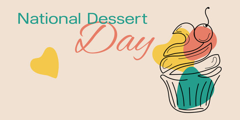 National Dessert Day colorful banner. Cupcake with cherry in line art style with holiday inscription on beige background. Hand drawn vector illustration in green, red, yellow colors