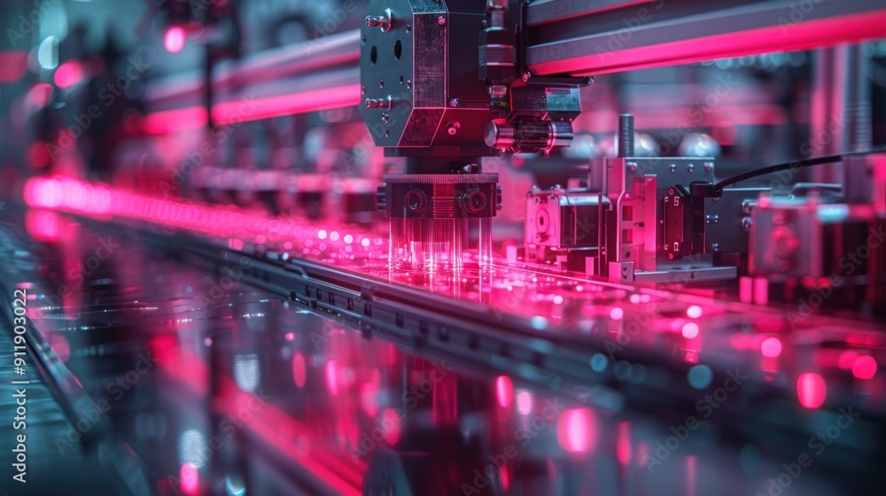 Poster close-up of an automated production line with a robotic arm working on a circuit board.