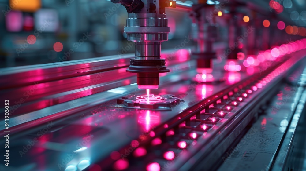 Poster close-up of an automated production line with a robotic arm working on a circuit board.