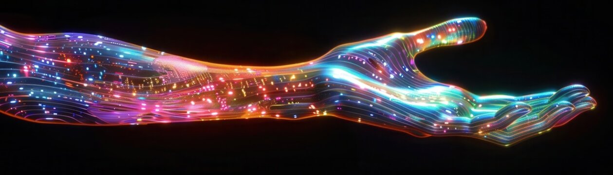 Arms with multicolor holographic waves in cyberpunk setting, side view, highlighting hightech digital art, advanced tone, Analogous color scheme