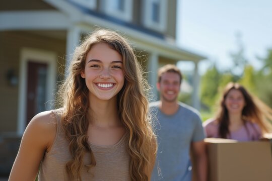 Young female college student moving her stuff out of home to a college dorm with her smiling parents in the background	