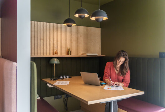 Focused Businesswoman Working in Office Booth

