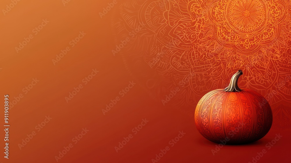 Wall mural Single orange pumpkin on orange background with ornate design.