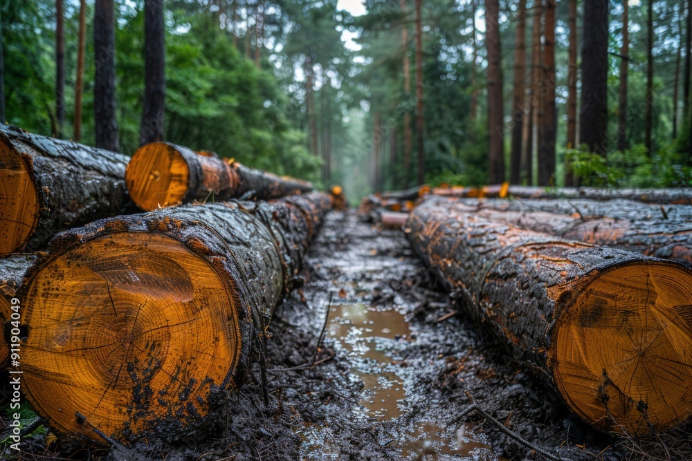 Poster a forest path with logs after a rainfall.