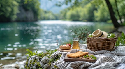 A delightful picnic set up by the lakeside with fresh bread, fruit and a refreshing drink.