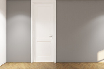 3d render of vintage style of interior design foyer wall mockup with vase and frame. Wood parquet floor, gray wall and white ceiling. Set 31