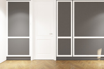 3d render of vintage style of interior design foyer wall mockup with vase and frame. Wood parquet floor, gray wall and white ceiling. Set 35