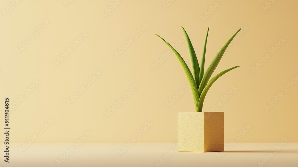 Poster Minimalist image of a single green plant in a yellow pot on a beige background.