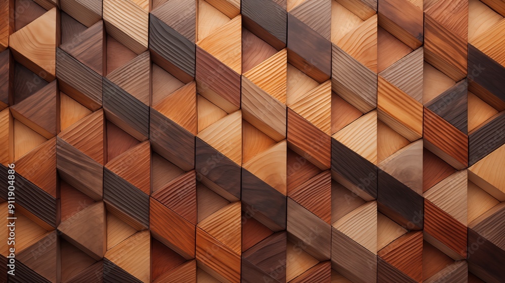 Poster textured wooden wall featuring a geometric pattern of interlocking triangles in various shades of br