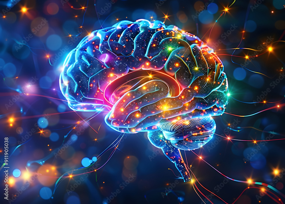 Poster colorful abstract brain scan x-ray image on a dark blue background with glowing neural connections a