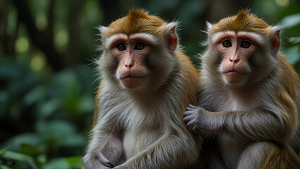 Naklejka premium a monkey is sitting on a mossy tree in the morning
