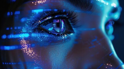 Iridescent cyber eyes in futuristic setting, side view, emphasizing holographic enhancements, technology tone, Monochromatic Color Scheme