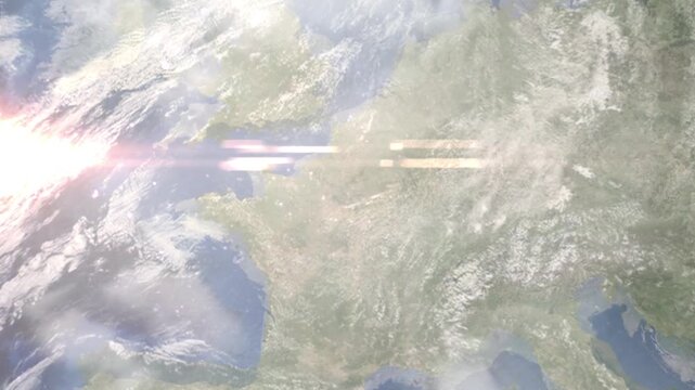 Earth zoom in from space and focus on Cachan, France. Background for travel intro or blog. Satellite view. 3D style Animation. Images from NASA.