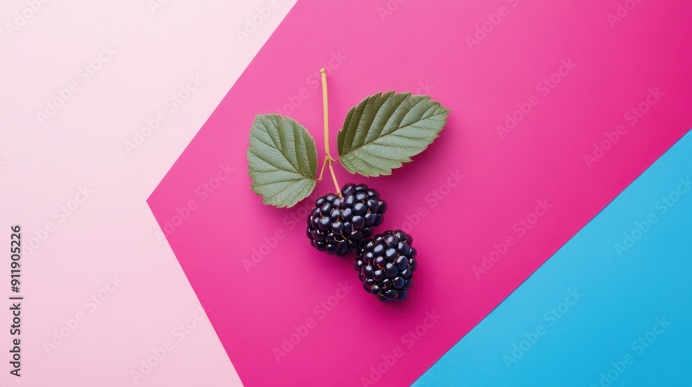 Sticker Two blackberries with leaves on a pink, blue and pink background.