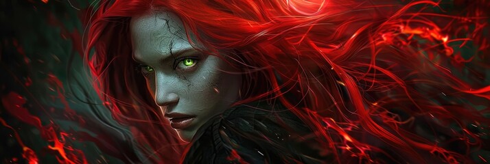 Dynamic vampire with flowing red hair and luminous green eyes brandishes tendrils as a weapon amidst chaos encapsulating a high energy dark fantasy gaming theme