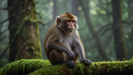 a monkey is sitting on a mossy tree in the morning