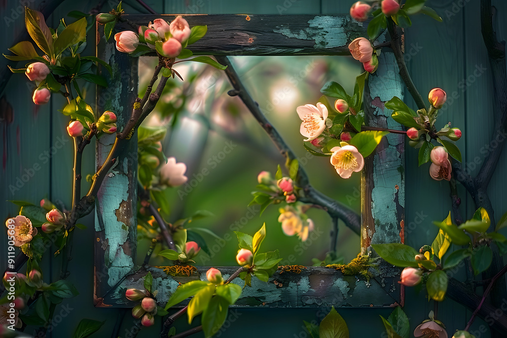 Poster softly lit spring blooms unfurl from delicate buds in a distressed frame surrounded by lush greenery