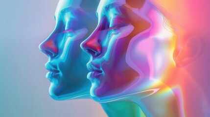 Rainbowhued abstract faces in futuristic setting, side view, emphasizing holographic creativity, technology tone, Monochromatic Color Scheme