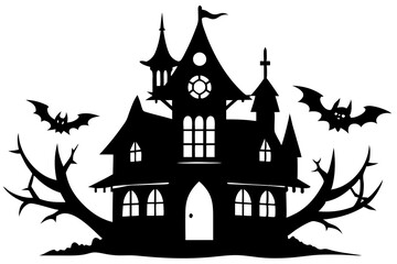 Haunted House Vector Illustration: Eerie Haunted Mansion with Creepy Elements in Black Silhouette, Line Art, Outline Vector on White Background