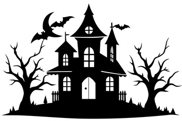 Haunted House Vector Illustration: Eerie Haunted Mansion with Creepy Elements in Black Silhouette, Line Art, Outline Vector on White Background