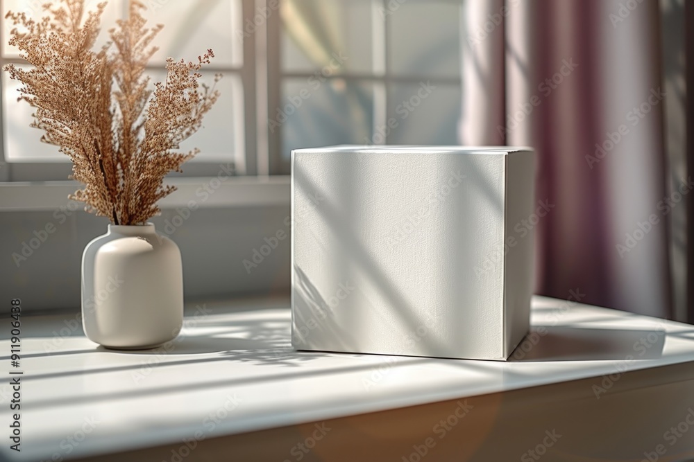 Poster a white cube rests on a marble table with natural light streaming through a window.