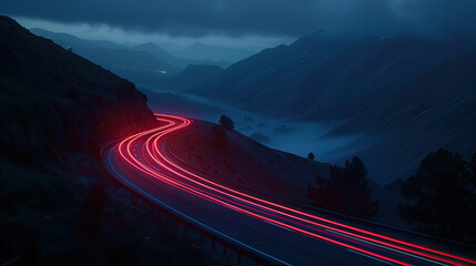 Car brake taillights light trail blur winding around a curvy mountain road scenic timelapse 
