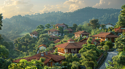 Fototapeta premium A serene village nestled in the hills with traditional houses and lush greenery. Generative AI.