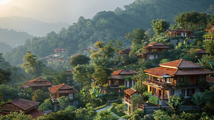 Fototapeta premium A serene village nestled in the hills with traditional houses and lush greenery. Generative AI.
