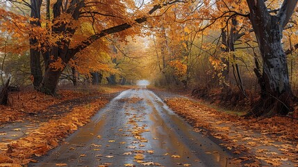 Obraz premium Autumn, shaded road, secluded. Generative AI.