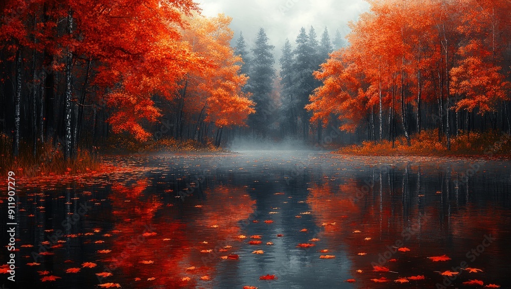 Poster Autumnal Reflections in a Misty Forest. Generate AI image