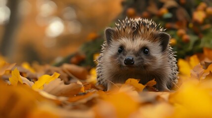 A small brown and white hedgehog is standing on a pile of yellow leaves
