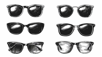Set of sunglasses in various designs and angles sketch