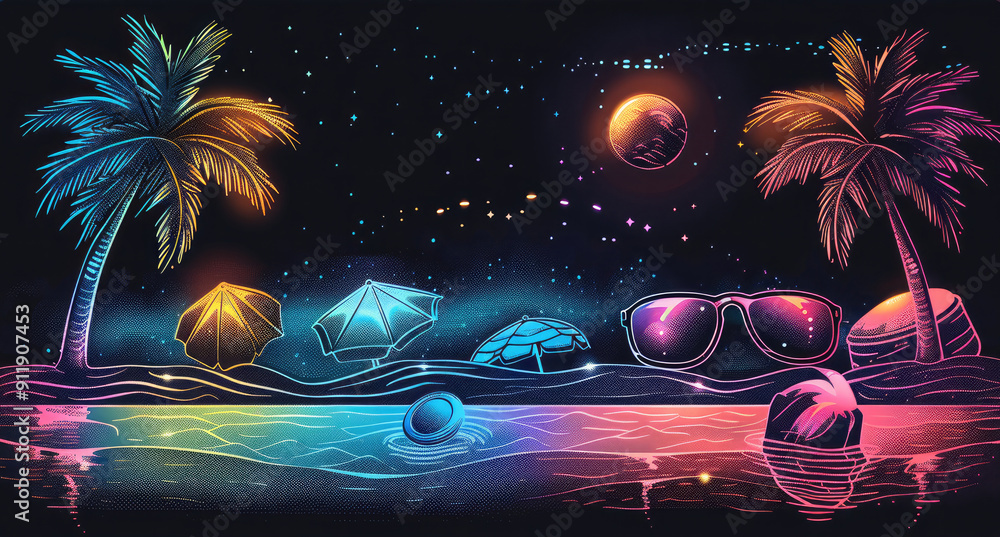 Poster digital art of beach icons in the style of matrix with rainbow gradients on a black background, 2d v