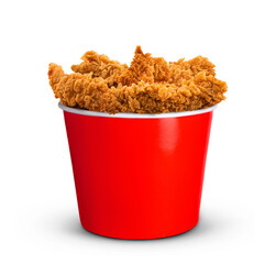 Fried Chicken hot crispy strips crunchy pieces of tenders in a Bucket - large Red box isolated in white background   © Mohamed