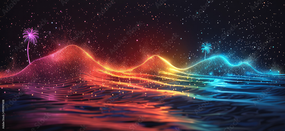 Poster digital art of beach icons in the style of matrix with rainbow gradients on a black background, 2d v