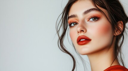 Portrait of a Young Woman with Red Lipstick and Makeup