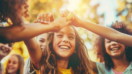 Happy children in a circle, smiling with hands up