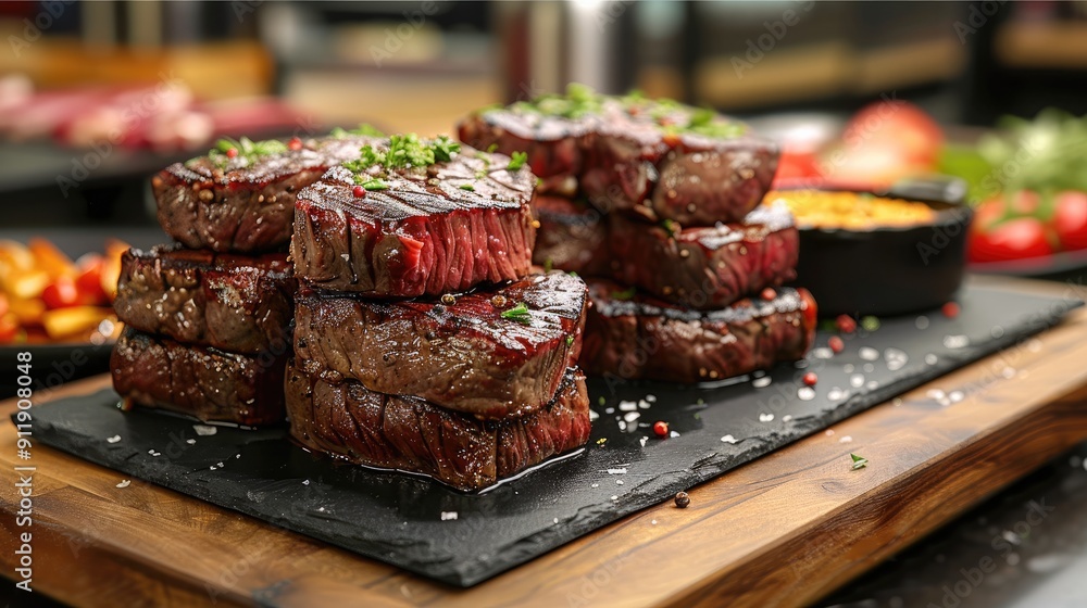 Wall mural five cut steaks stacked on a black stone slab on a kitchen preparation table, surrounded by other si